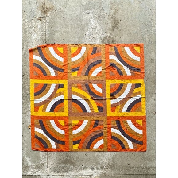 Vintage 60's Retro Brown Orange Yellow Print Linen 50"x46" Tablecloth Fabric - Picture 1 of 11